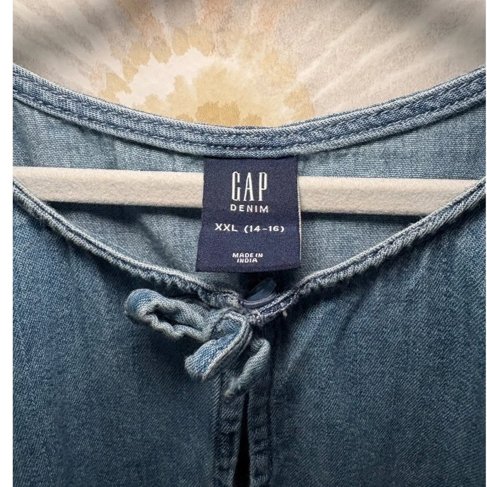 Gap Kids Girls Blue Denim Bow Front Peplum Puff Sleeve Top XXL 14-16
